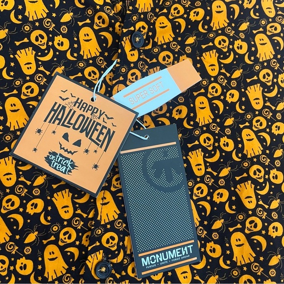 Monument Short Sleeve Button Down Shirt Mens Small Halloween Black Orange NWT - Picture 4 of 8